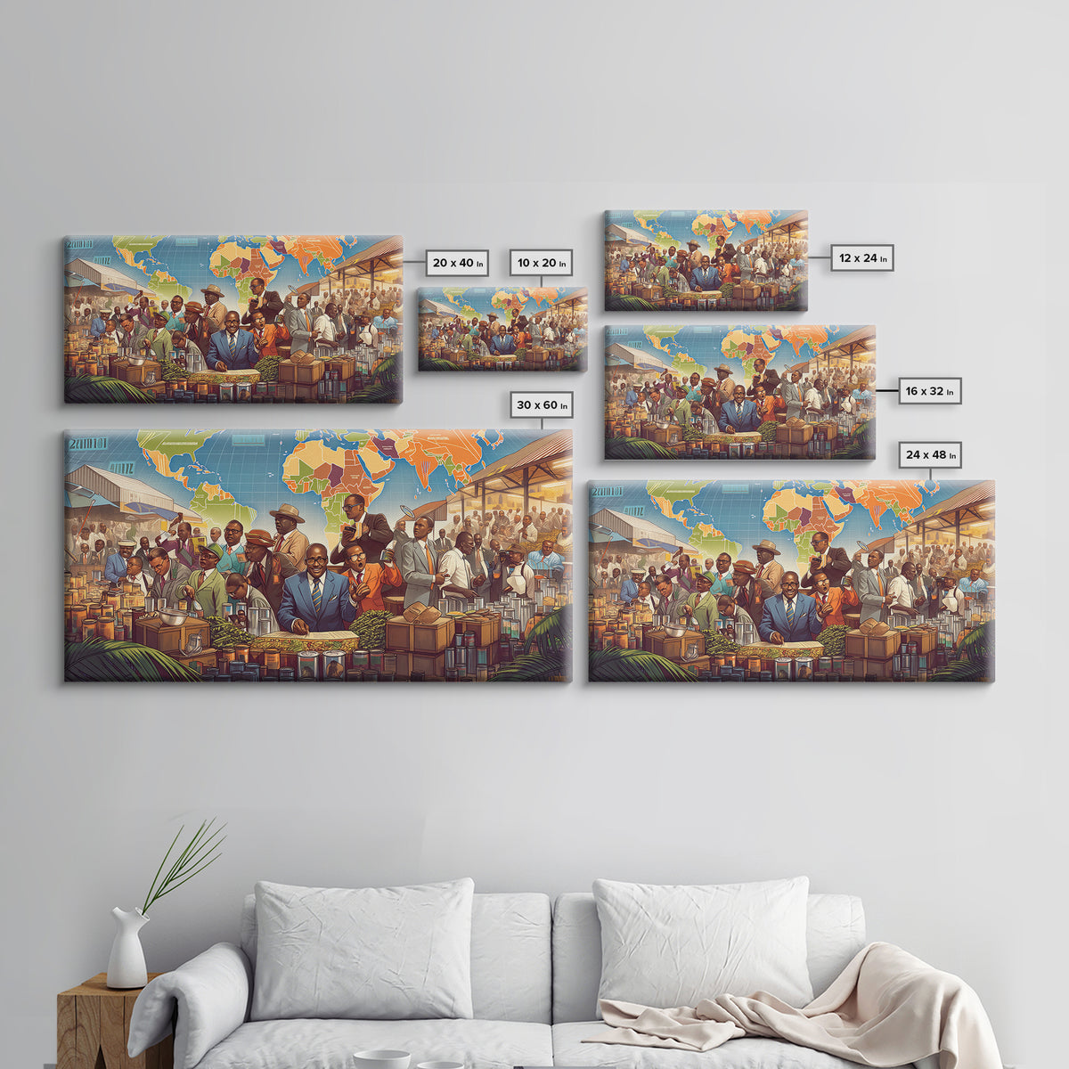 African Market Trade Scene Canvas Print, Pan African Map Wall Decor, Black History Art, Cultural Office Decor Gift For Him