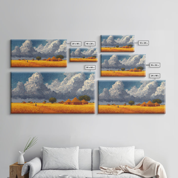 Golden Savanna Village With Storm Clouds Framed Canvas Print, African Landscape, Safari Art, Rustic Home Decor, Africa Painting