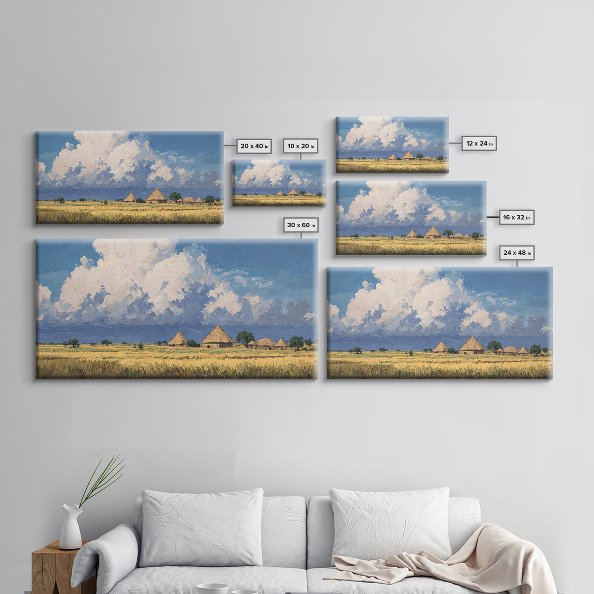 Thatched Village Under White Clouds Canvas Print, African Landscape, Rustic Decor, Cultural Wall Decor, Living Room Art Gift