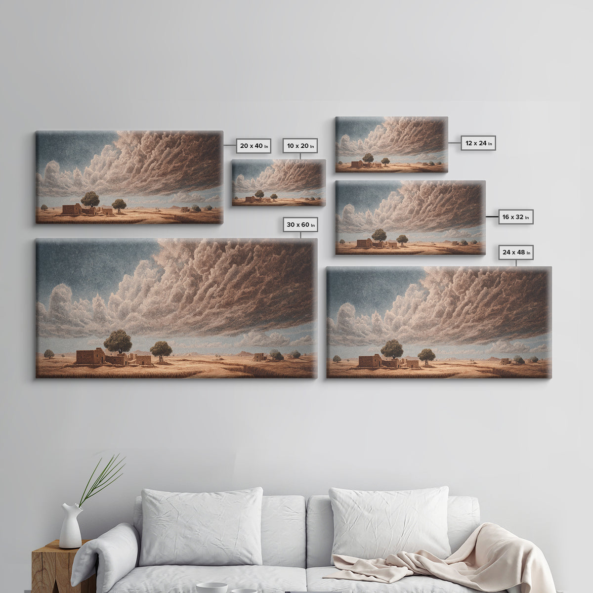 Desert Village Beneath Giant Storm Clouds Framed Canvas Print, African Landscape, Earth Tone Wall Art, Rustic Decor Gift