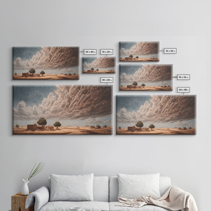 Desert Village Beneath Giant Storm Clouds Framed Canvas Print, African Landscape, Earth Tone Wall Art, Rustic Decor Gift