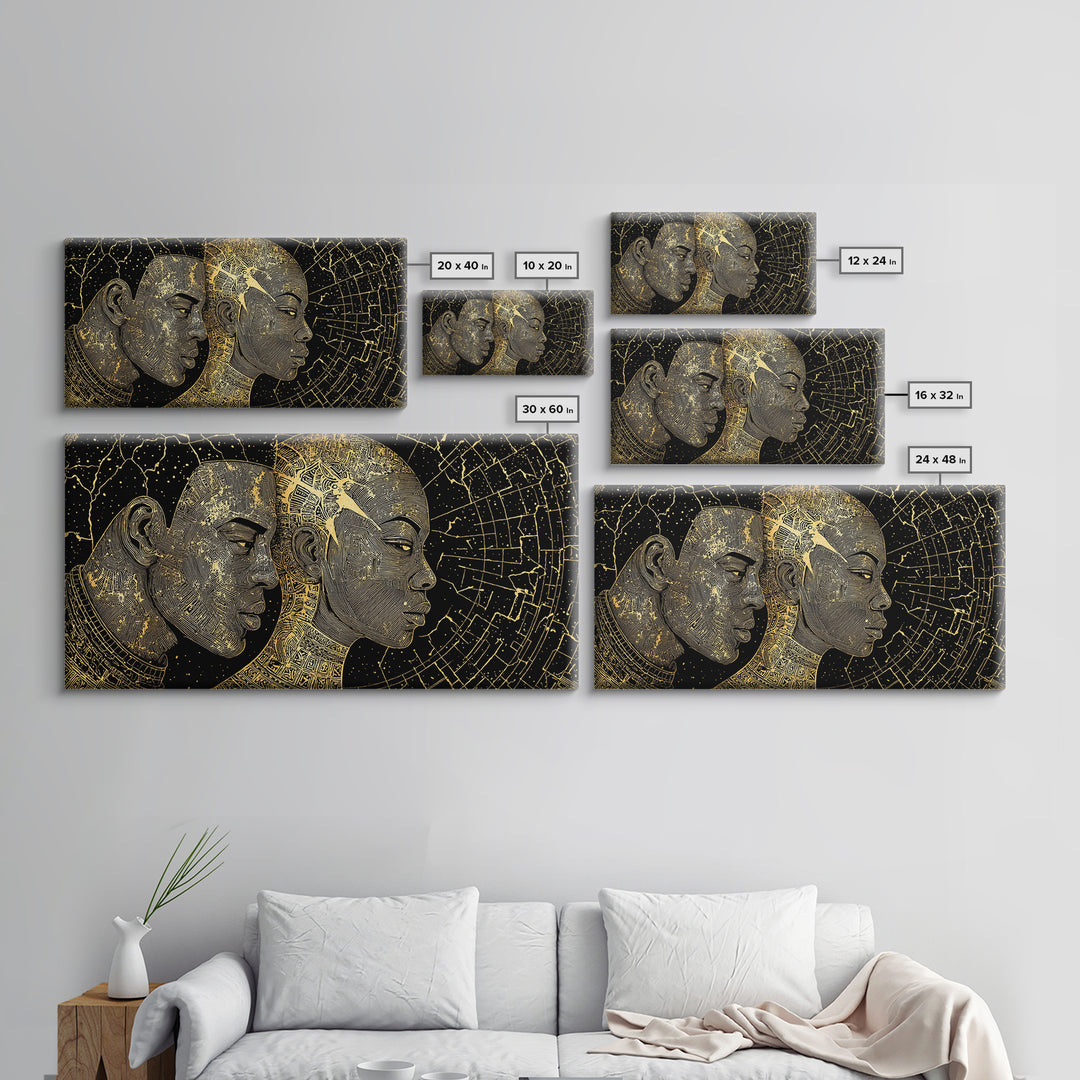 Golden African Profiles With Celestial Patterns Canvas Print, Afrocentric Portrait Wall Art, Black Culture Decor, Unique Gift