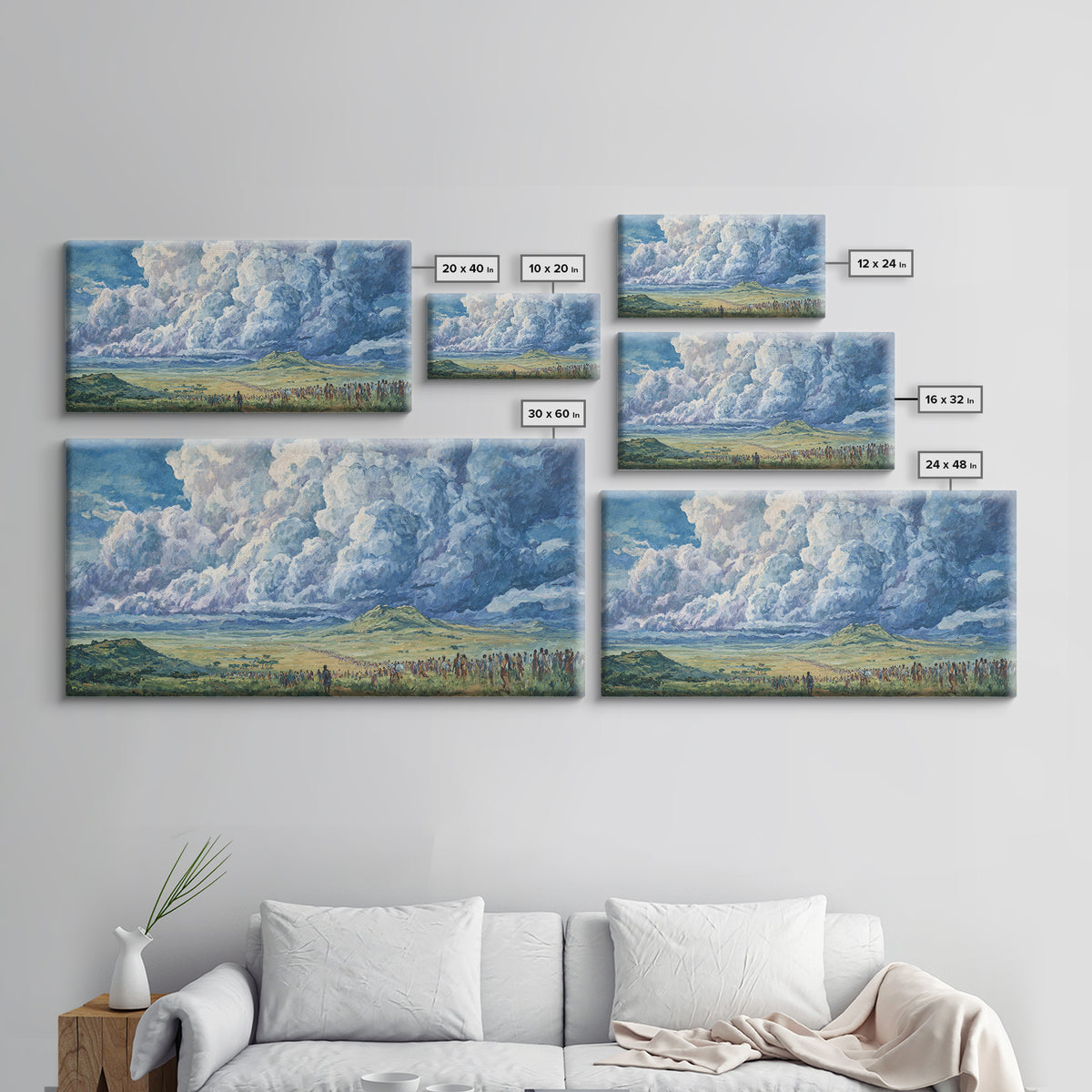 Vast African Plains Under Towering Blue Storm Clouds Canvas Print, Panoramic Wall Art, Cultural Landscape, Office Decor Art
