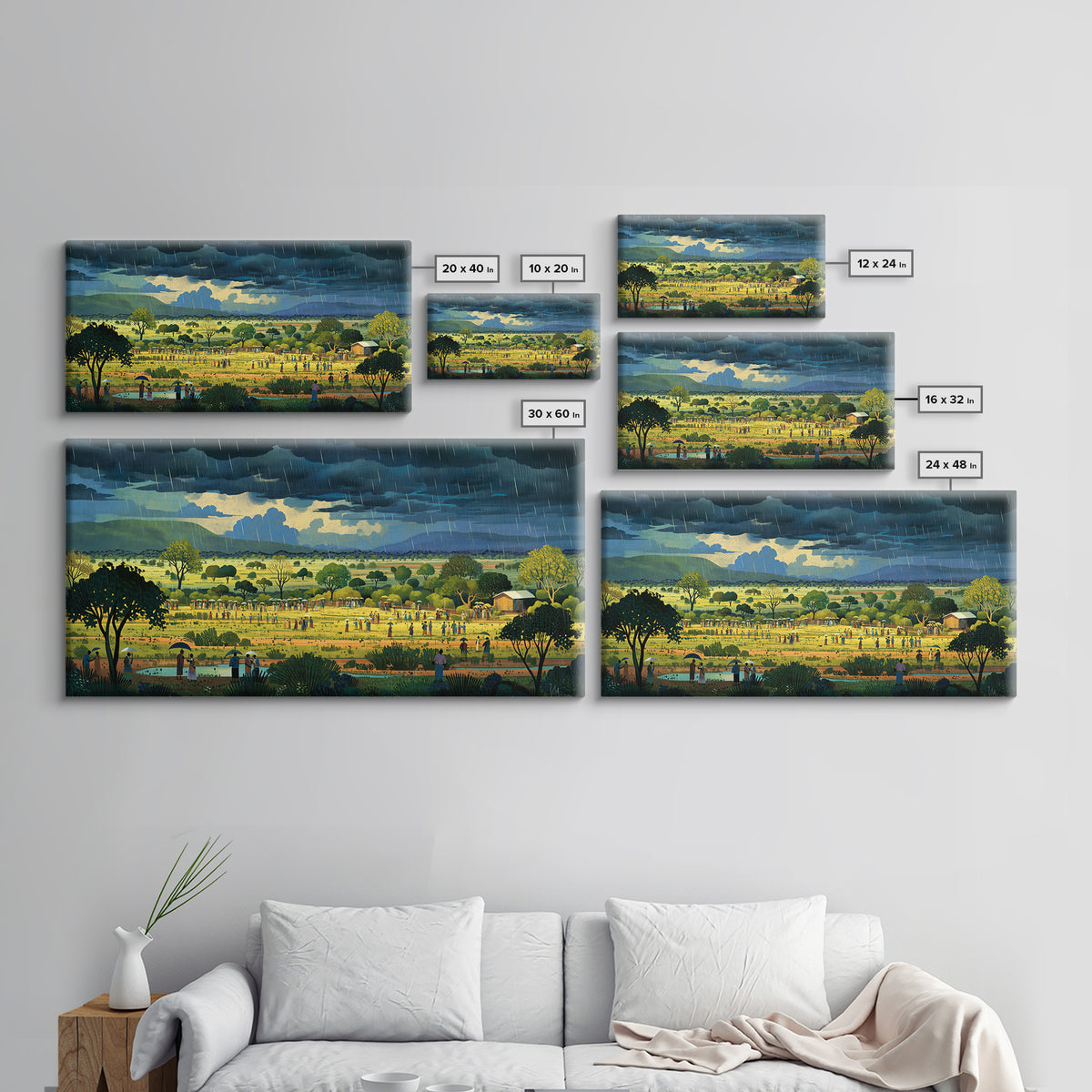 Rainy African Village Fields With Dark Monsoon Sky Wall Art, Motherland Landscape, Cultural Home Decor, Framed Canvas Print