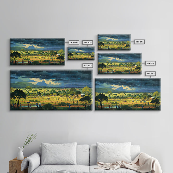 Rainy African Village Fields With Dark Monsoon Sky Wall Art, Motherland Landscape, Cultural Home Decor, Framed Canvas Print