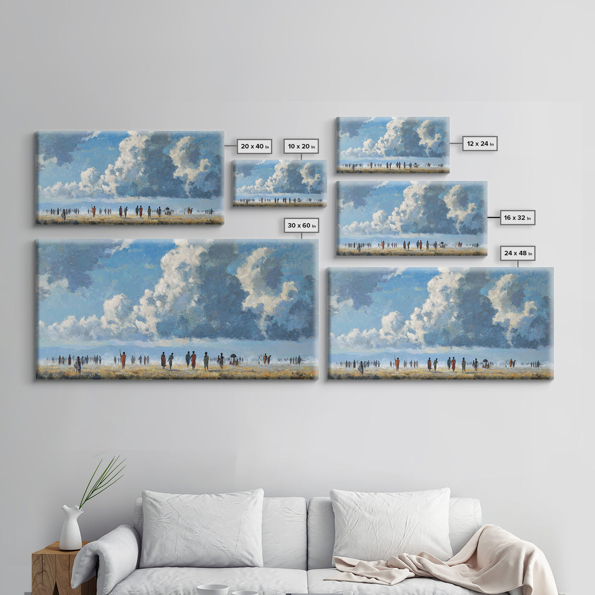 Open African Horizon With Walking Figures And Soft Clouds Wall Art, Minimalist Landscape, Blue Sky Decor, Canvas Print, Gift