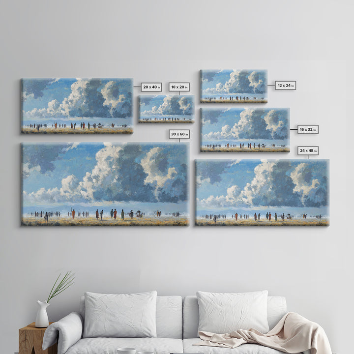Open African Horizon With Walking Figures And Soft Clouds Wall Art, Minimalist Landscape, Blue Sky Decor, Canvas Print, Gift