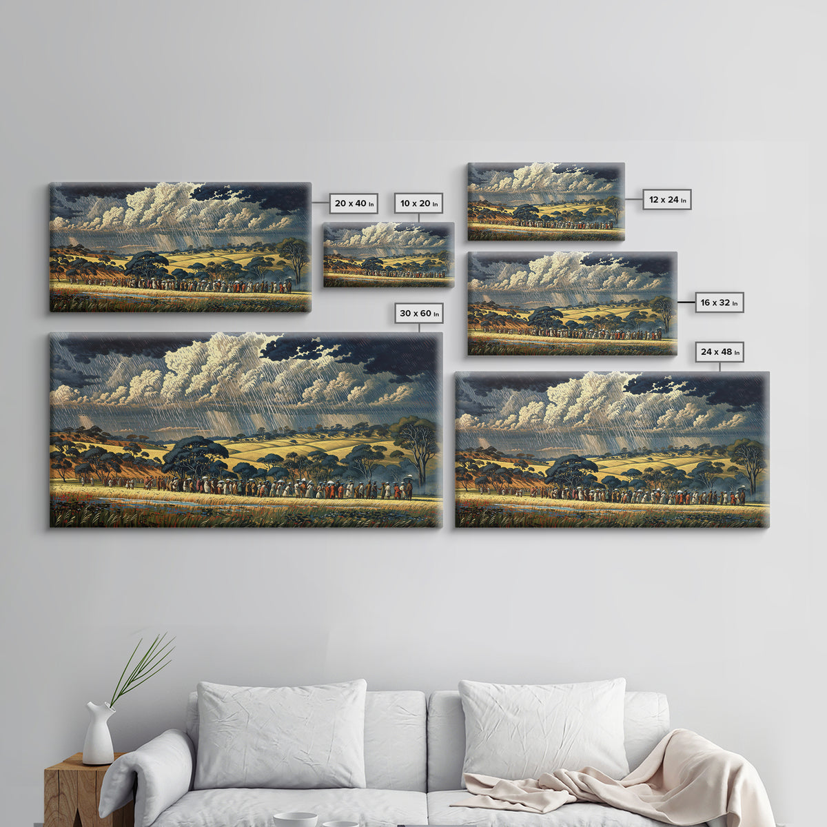 African Procession Through Sunlit Rainy Savanna Framed Canvas Print, Dramatic Storm Wall Art, Cultural Decor, Safari Gift