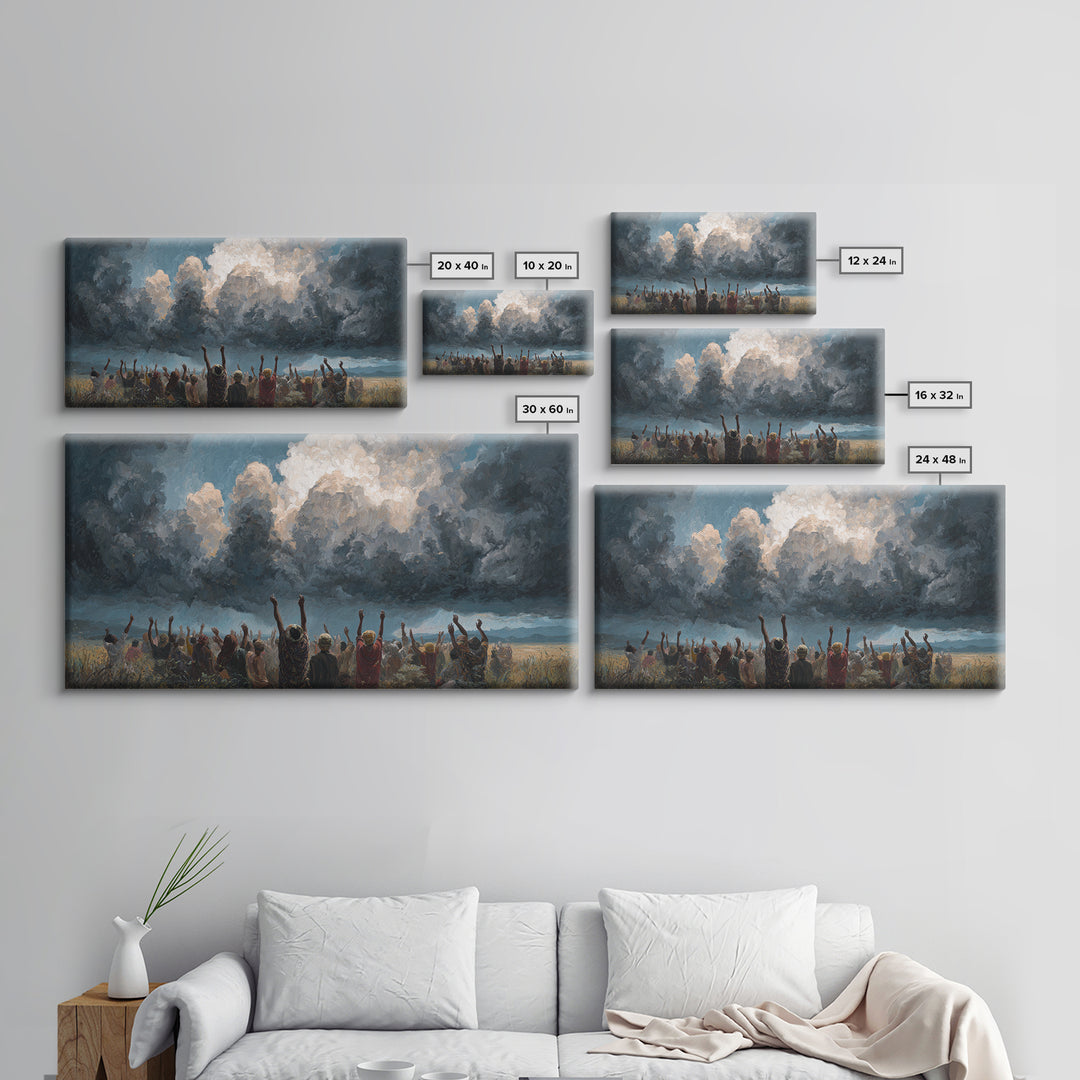 Joyful African Crowd Under Dramatic Storm Clouds Wall Art, Black Culture Celebration, Spiritual Decor, Panoramic Canvas Print
