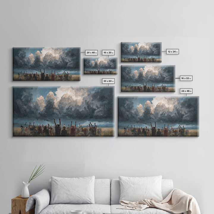 Joyful African Crowd Under Dramatic Storm Clouds Wall Art, Black Culture Celebration, Spiritual Decor, Panoramic Canvas Print