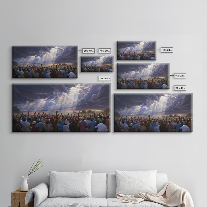 Hopeful African Gathering With Raised Hands Framed Canvas Print, Heavenly Storm Clouds Wall Art, Black Culture Decor Gift
