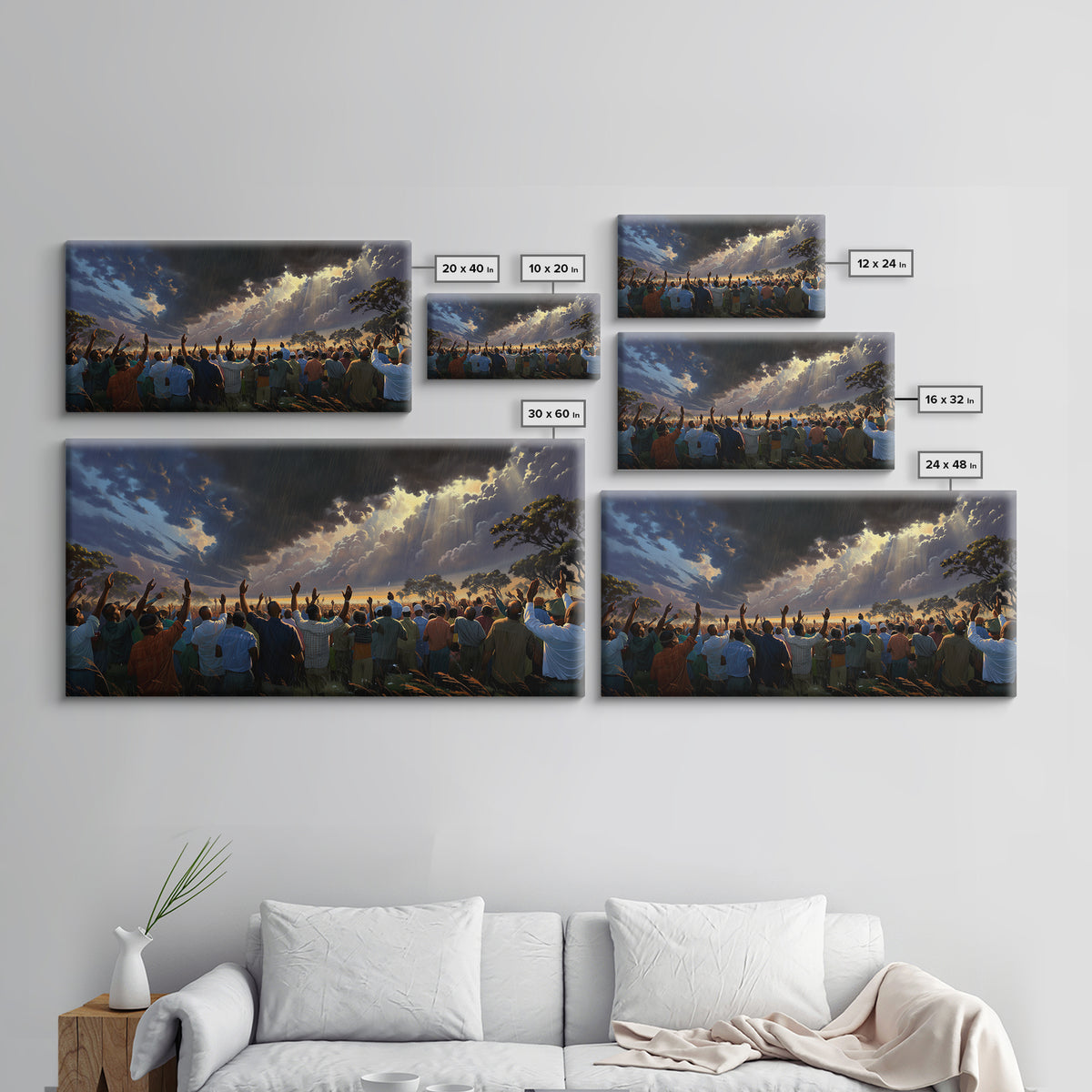Sunlit African Gathering Beneath Storm Sky Canvas Print, Afrocentric Wall Decor, Spiritual Safari Scene, Cultural Home Art