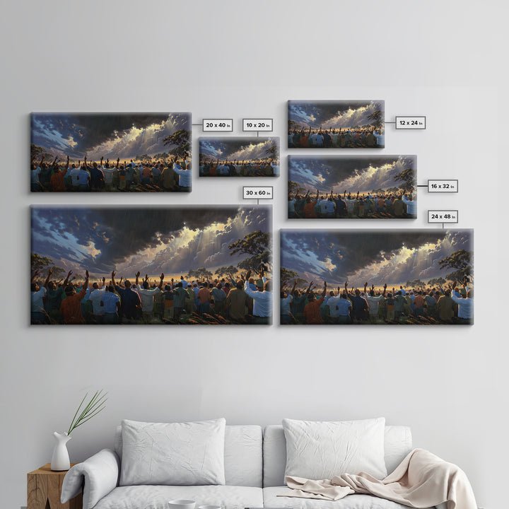 Sunlit African Gathering Beneath Storm Sky Canvas Print, Afrocentric Wall Decor, Spiritual Safari Scene, Cultural Home Art
