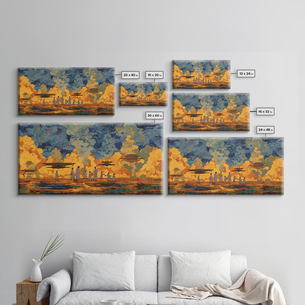 Golden African Village Scene Wall Art, Modern African Art Print, Cultural Landscape, Warm Earth Tone Living Room Decor Gift