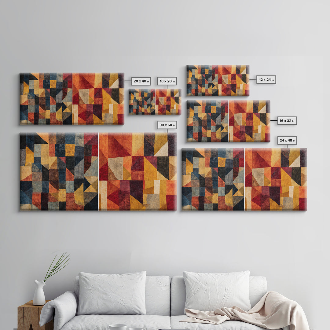 Modern African Geometric Patchwork Canvas Print, Abstract Ethnic Wall Art, Earth Tone Cubism Decor, Bold Home Decor Gift