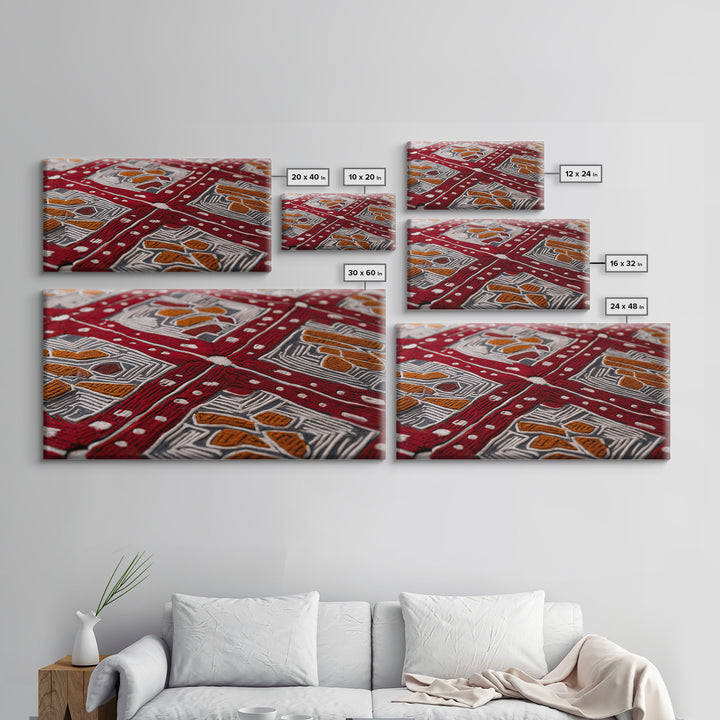 Red African Embroidered Textile Framed Canvas Print, Ankara Fabric Wall Decor, Tribal Pattern Art, Bold Cultural Home Decor