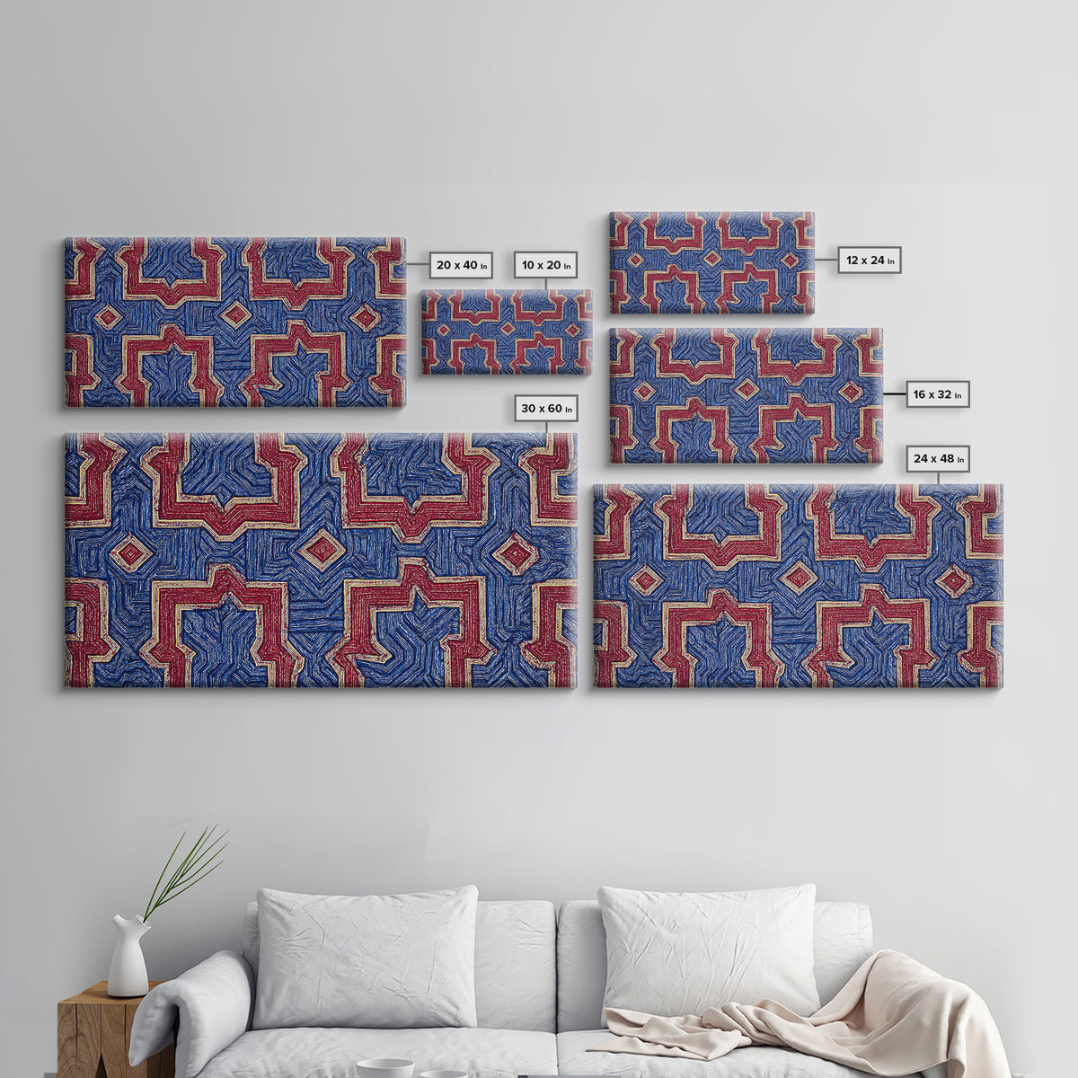 Red Blue Kuba Geometric Textile Pattern Wall Art, African Fabric Print, Tribal Decor, Modern African Art For Living Room