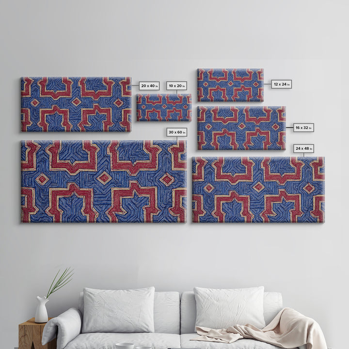 Red Blue Kuba Geometric Textile Pattern Wall Art, African Fabric Print, Tribal Decor, Modern African Art For Living Room