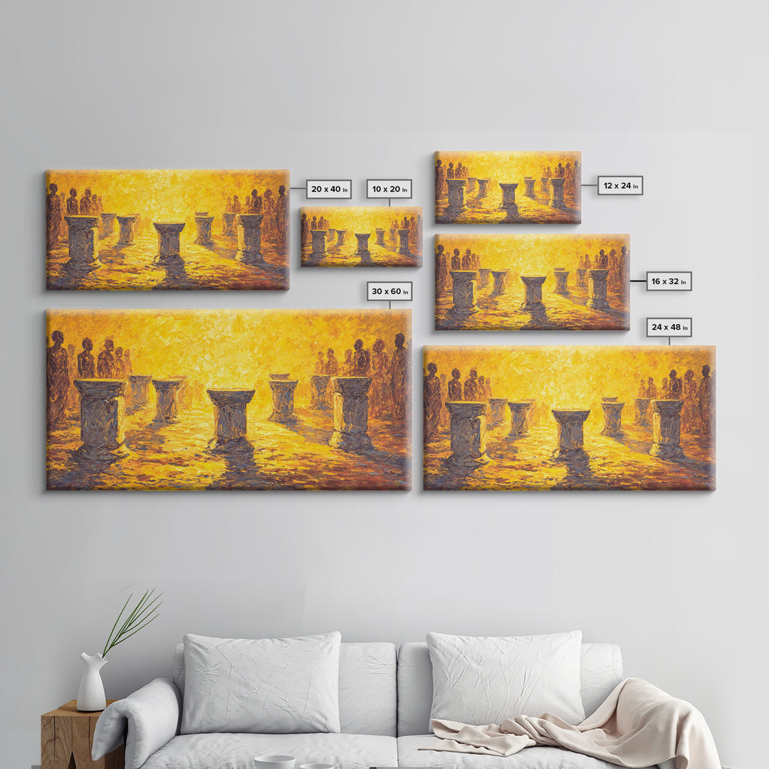 Golden Drum Ceremony Silhouette Wall Art, African Celebration Painting, Cultural Art Print, Warm Sunset Housewarming Gift