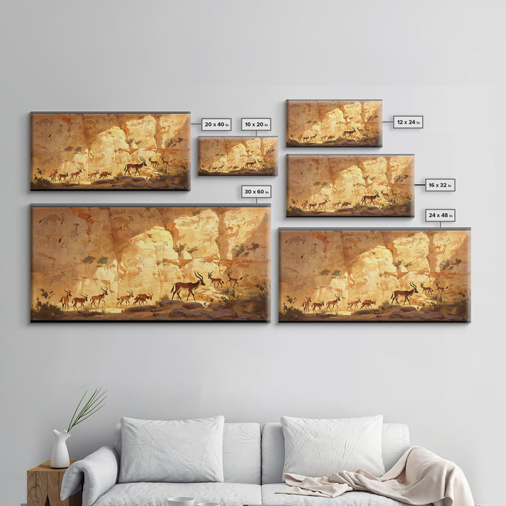 Desert Antelope Rock Art Framed Canvas Print, African Landscape, Safari Wall Decor, Ancient Cave Painting For Living Room