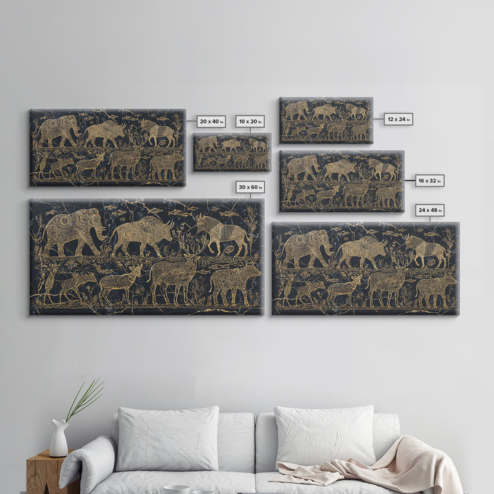 Gold Safari Animal Linework With Elephants And Giraffes Wall Art, African Safari Art, Black And Gold Art, Living Room Decor
