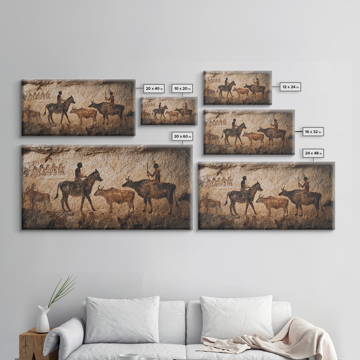 Ancient Cave Painting With Riders And Cattle Canvas Print, African Rock Art, Tribal Wall Decor, Rustic Home Decor Gift Idea