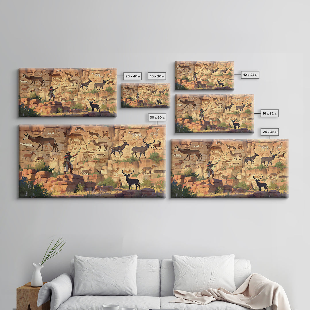 Desert Canyon Pictographs With Explorer And Antelope Canvas Print, African Inspired Rock Art, Safari Wall Decor Gift For Him