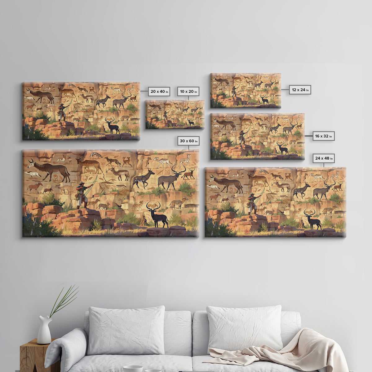 Desert Canyon Pictographs With Explorer And Antelope Canvas Print, African Inspired Rock Art, Safari Wall Decor Gift For Him
