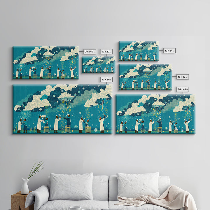 Scientists Harvesting Rain From Patterned Clouds Wall Art, Contemporary Art, Teal And Yellow Art, Modern Office Decor Gift