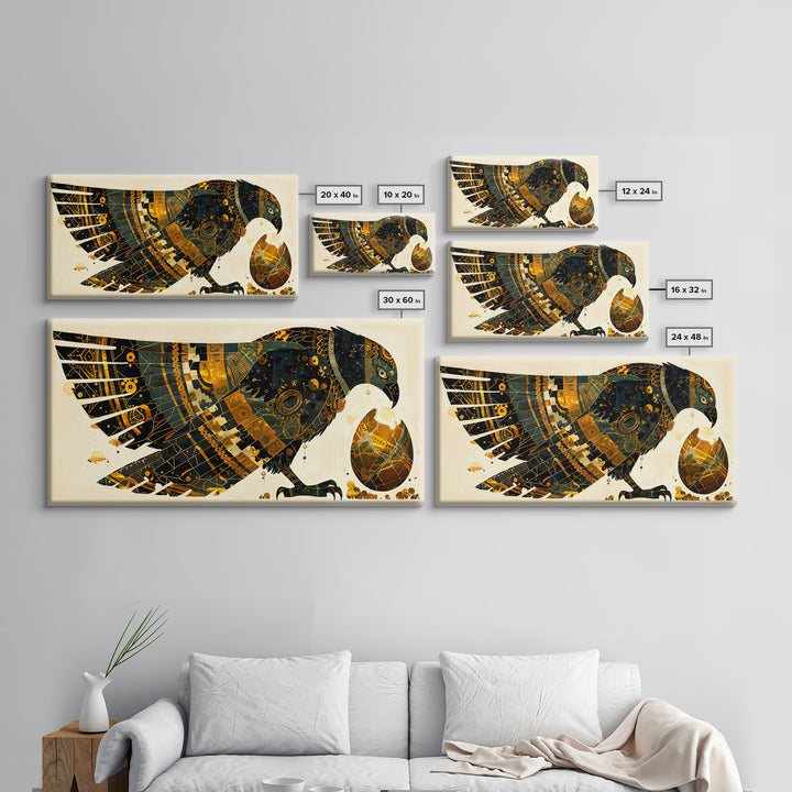 Ornate Egyptian Falcon With Golden Egg Canvas Print, African Egyptian Art, Black Gold Decor, Spiritual Wall Art Gift For Her
