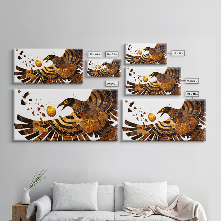 Geometric Black Gold Eagle Holding Sun Orb Canvas Print, African Inspired Abstract Art, Bold Wall Decor, Unique Canvas Gift