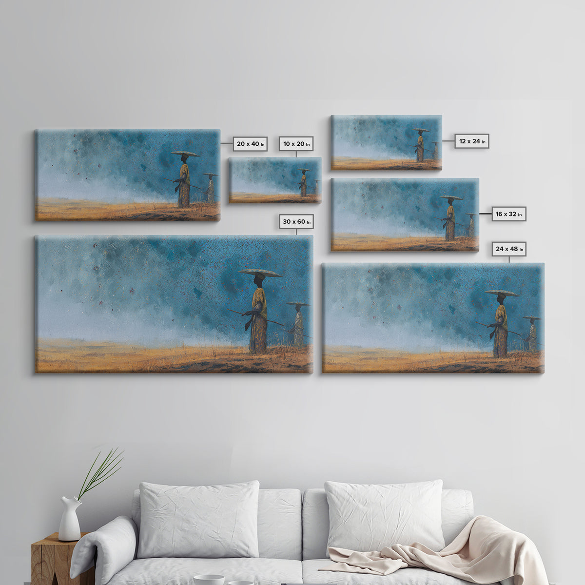 Blue Desert African Figures Wall Art, Minimalist Safari Landscape Painting, Modern Cultural Home Decor Canvas Gift For Bedroom