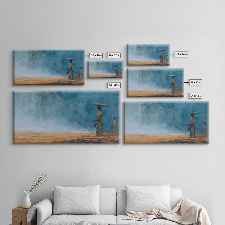 Blue Desert African Figures Wall Art, Minimalist Safari Landscape Painting, Modern Cultural Home Decor Canvas Gift For Bedroom