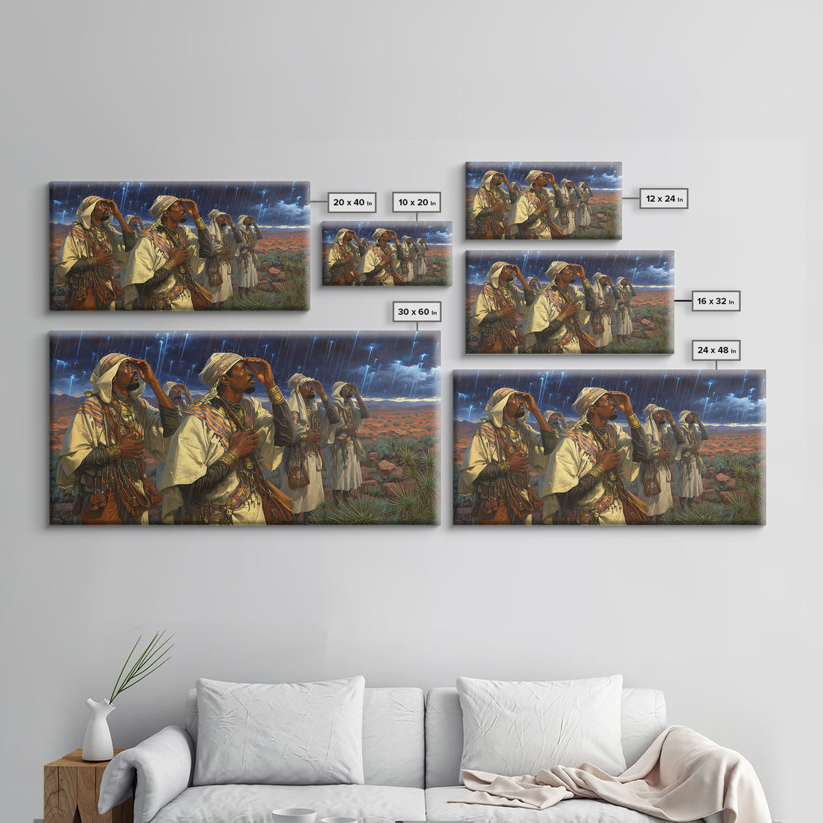 Berber Storm Watchers Canvas Print, African Warrior Art, Desert Lightning Scene, Tribal Wall Decor For Living Room And Office