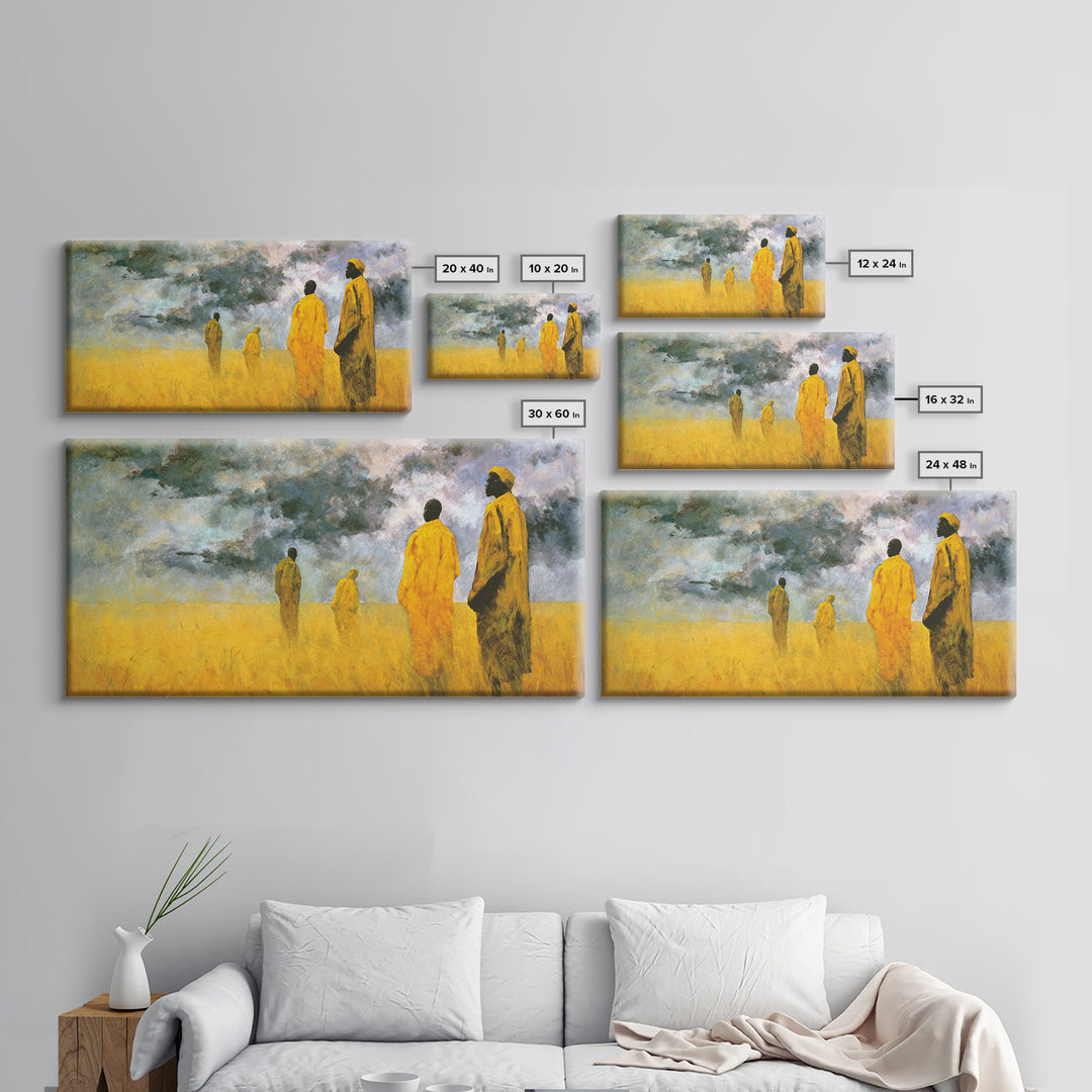 Yellow Robed African Figures Framed Canvas Print, Dreamy Savannah Landscape Wall Art, Cultural Home Decor Gift For Living Room