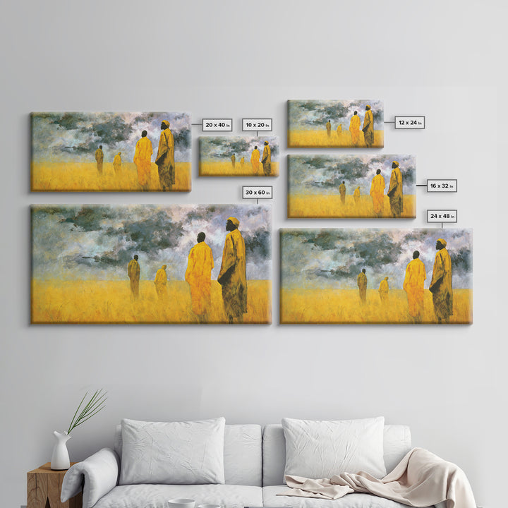 Yellow Robed African Figures Framed Canvas Print, Dreamy Savannah Landscape Wall Art, Cultural Home Decor Gift For Living Room