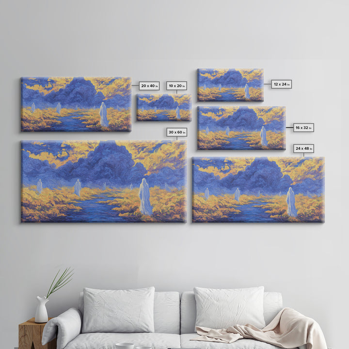 Blue Gold African Spirit Landscape Canvas Print, Mystical Savannah Wall Art, Dreamy Cultural Decor For Living Room And Office