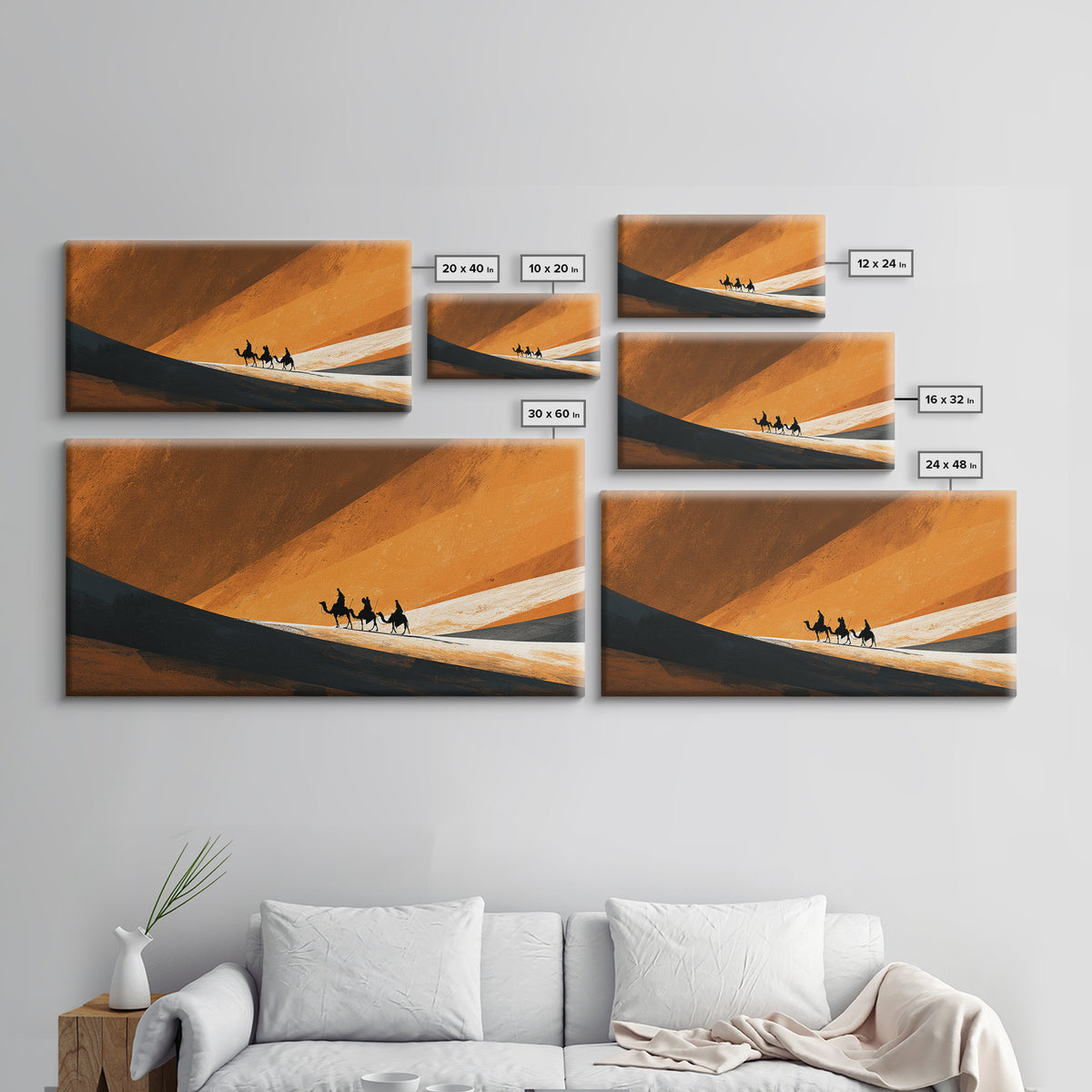 Minimal Camel Riders In Orange Dunes Canvas Print, African Landscape Wall Art, Desert Travel Poster, Earth Tone Decor Gift
