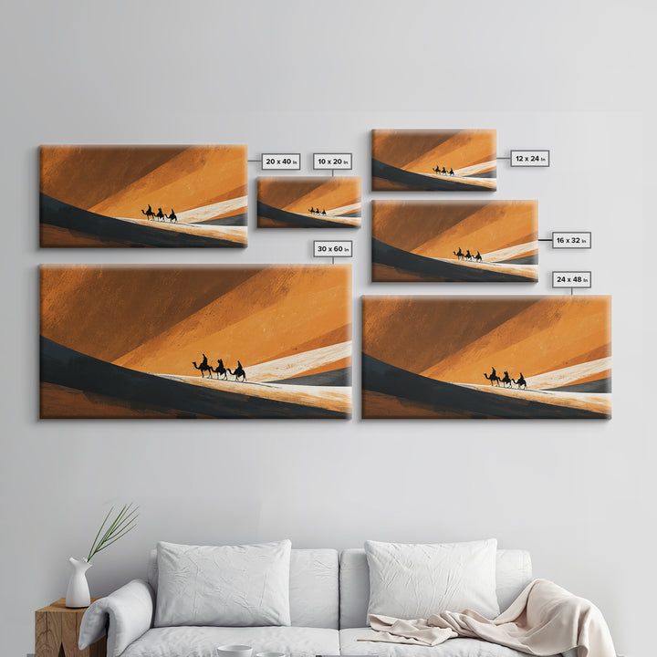 Minimal Camel Riders In Orange Dunes Canvas Print, African Landscape Wall Art, Desert Travel Poster, Earth Tone Decor Gift