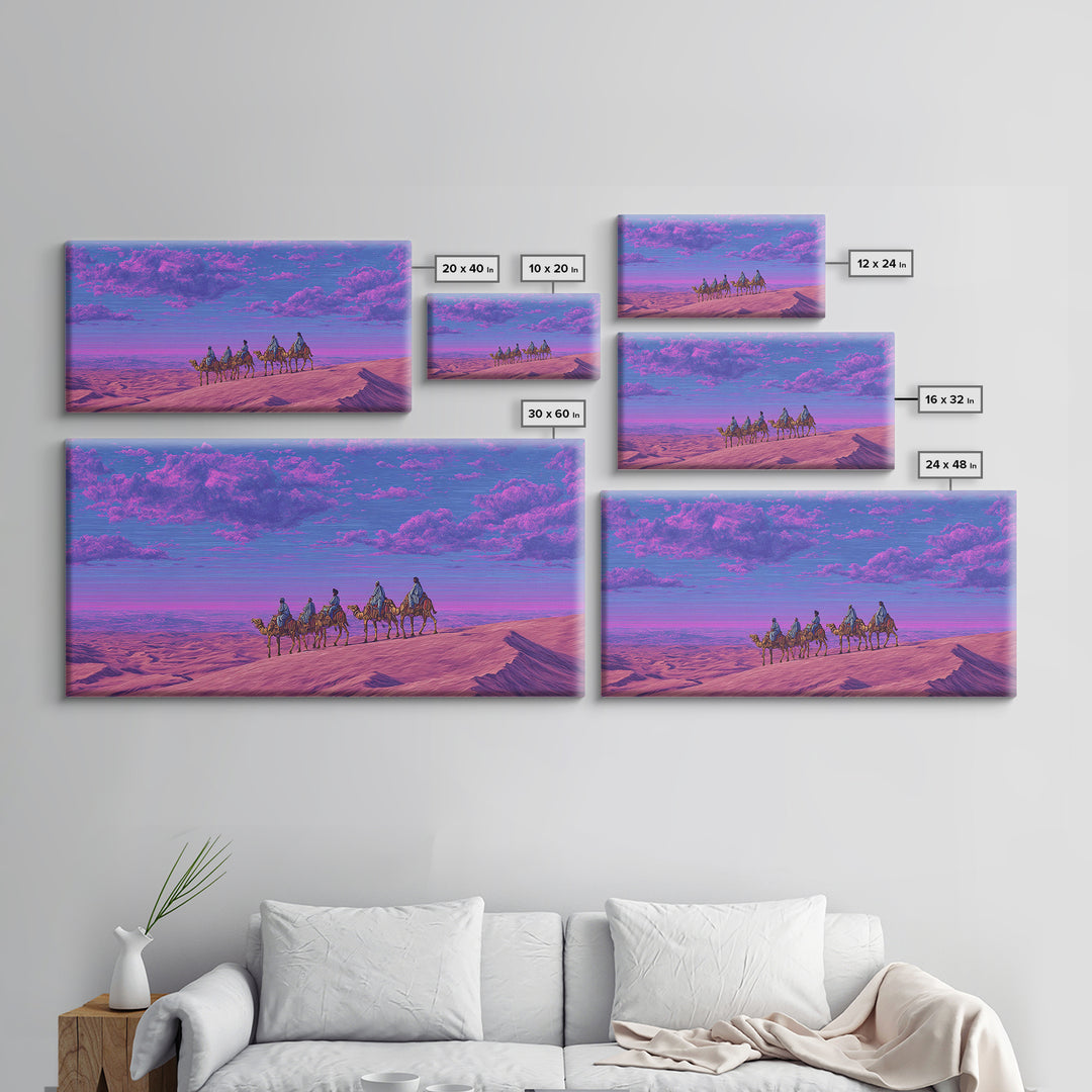 Purple Pink Camel Caravan Wall Art, Dreamy Desert Landscape Print, African Safari Art, Boho Travel Home Decor Gift For Living Room