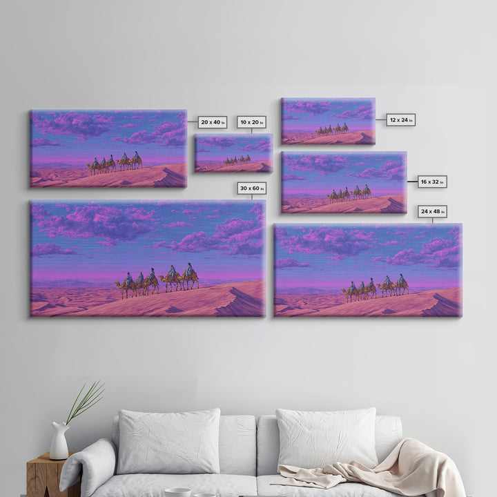 Purple Pink Camel Caravan Wall Art, Dreamy Desert Landscape Print, African Safari Art, Boho Travel Home Decor Gift For Living Room