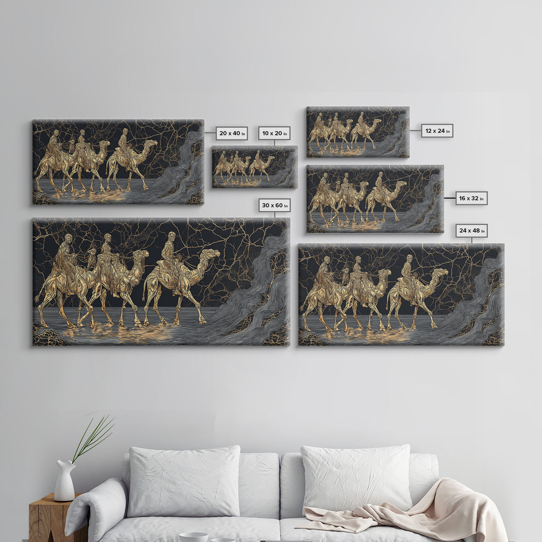 Gold Line Camel Riders Black Marble Wall Art, African Safari Canvas Print, Tribal Desert Decor, Modern Statement Gift For Home