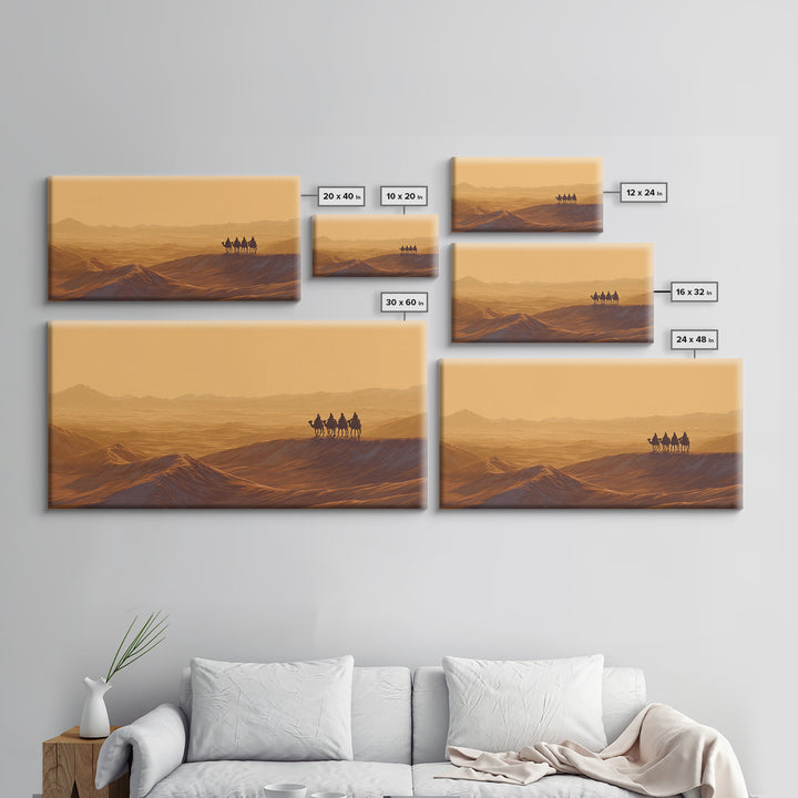 Golden Desert Caravan Silhouette Wall Art, African Landscape, Sahara Travel Poster, Earth Tone Wall Decor, Living Room Art