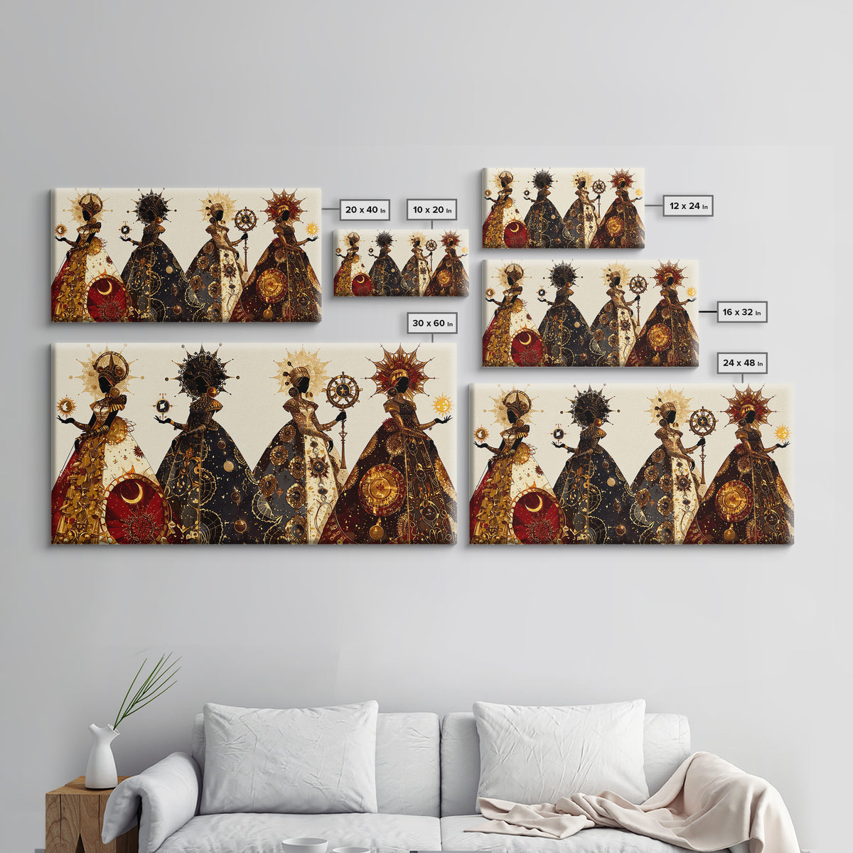 Four Celestial African Queens Framed Canvas Print, Black Goddess Art, Gold Spiritual Wall Decor, Afrocentric Artwork Gift