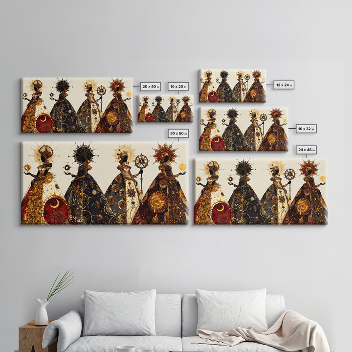Four Celestial African Queens Framed Canvas Print, Black Goddess Art, Gold Spiritual Wall Decor, Afrocentric Artwork Gift