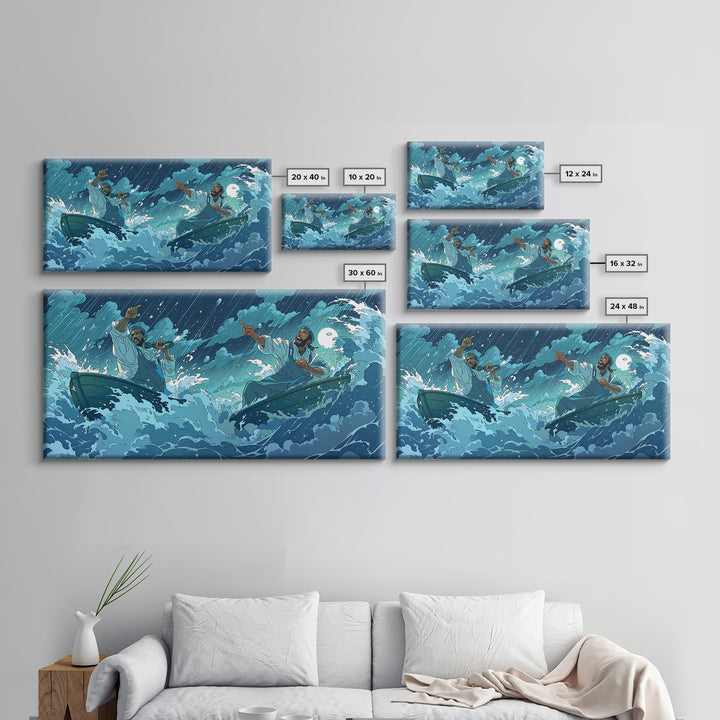 Stormy Sea Boatmen Wall Art, Blue Ocean Waves, African Inspired Spiritual Art, Fishermen Canvas, Dramatic Home Decor Gift