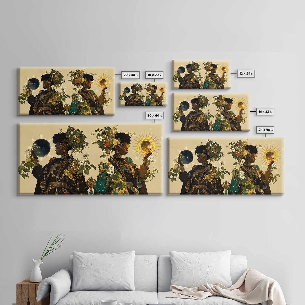 Celestial African Queens With Sun And Moon Framed Canvas Print, Afrocentric Wall Decor, Black Goddess Portrait Art Gift For Her