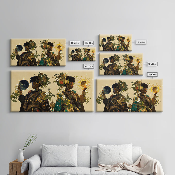 Celestial African Queens With Sun And Moon Framed Canvas Print, Afrocentric Wall Decor, Black Goddess Portrait Art Gift For Her