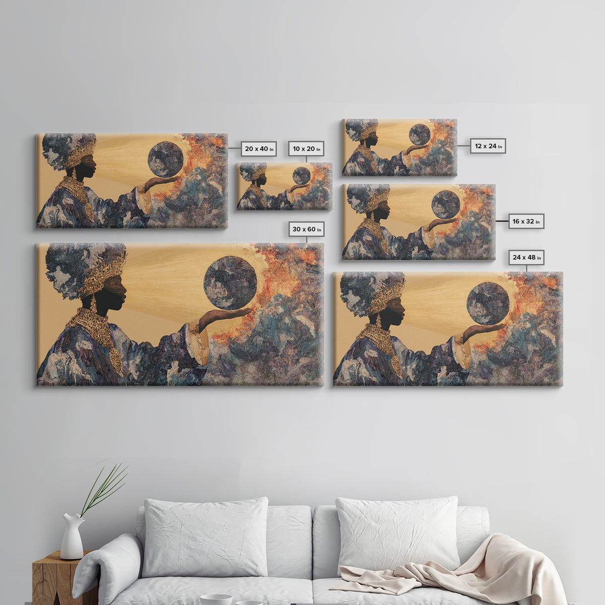 Eclipse African Woman Holding Moon Canvas Print, Afrocentric Wall Art, Black Female Portrait, Celestial Home Decor Gift Idea
