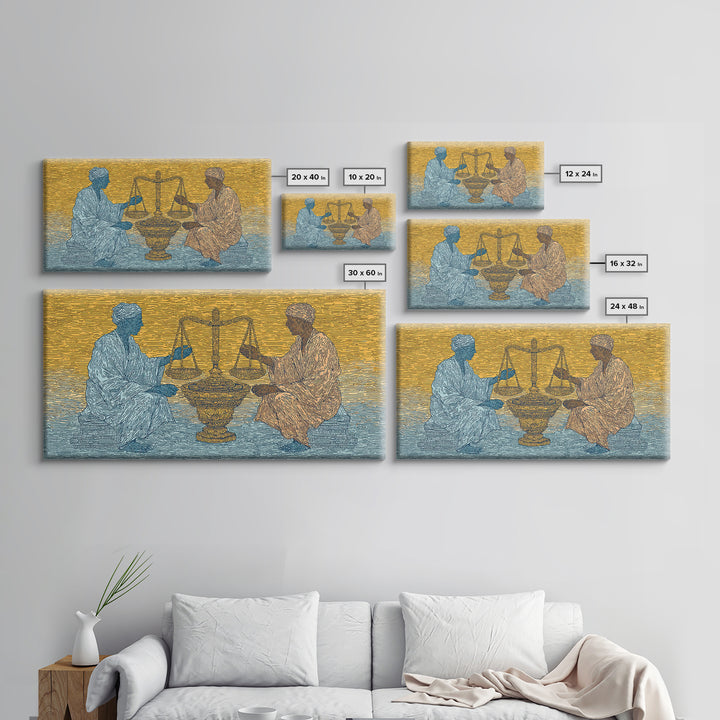 African Elders With Scales Of Justice Canvas Print, Cultural Wall Art, Legal Office Decor, Tribal Wisdom Art Gift For Him